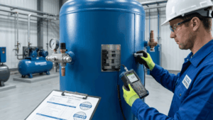 Ingeniero inspector de CECOEL realizando prueba de medición de espesor por ultrasonido para la certificación de un tanque de aire comprimido industrial.