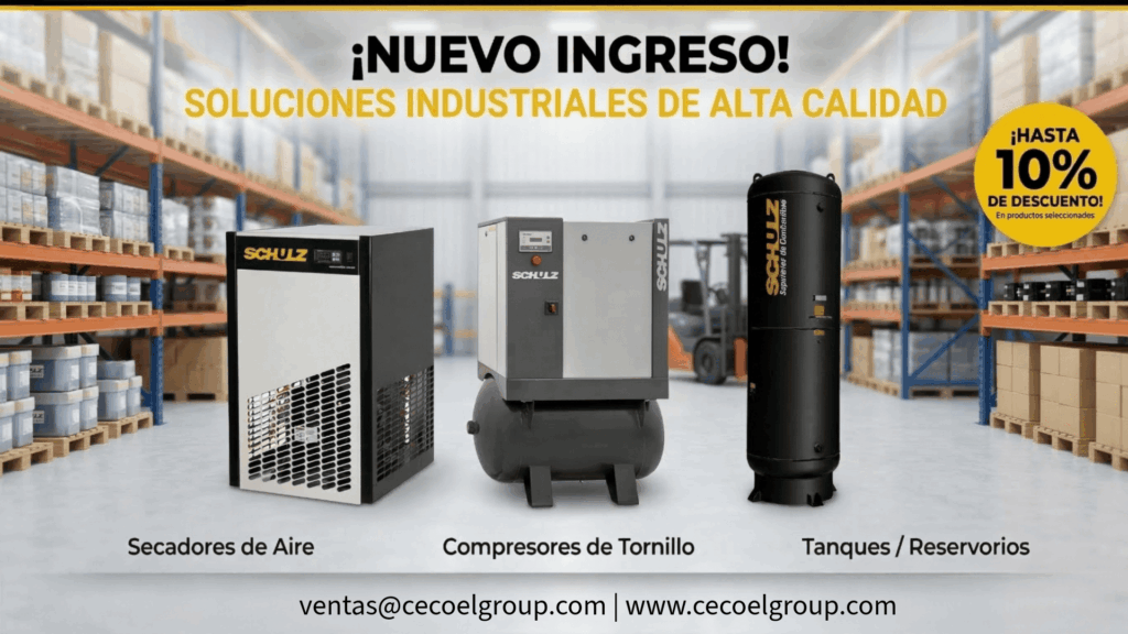 Nuevos equipos industriales de aire comprimido marca Schulz: secador de aire, compresor de tornillo y tanque reservorio, distribuidos por CECOEL.