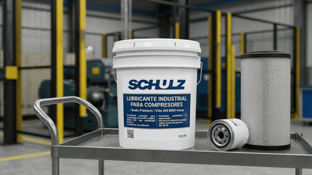 Balde de aceite lubricante original Schulz y kit de filtros para mantenimiento de compresores de tornillo, distribuidos por CECOEL.