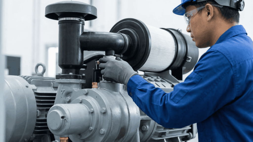 Técnico especialista de CECOEL realizando mantenimiento preventivo a un compresor de tornillo industrial.