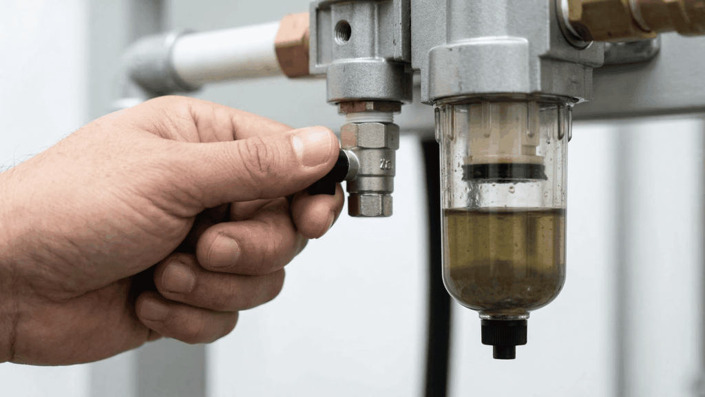 Inspección de la válvula de purga y filtro separador de condensado en un sistema de aire comprimido industrial.